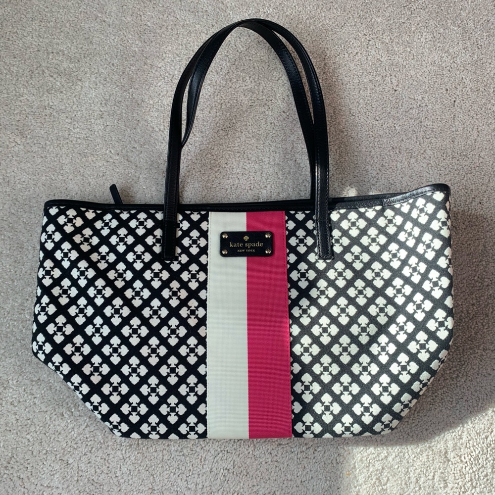 Kate Spade Harmony Black trimmed Pink and Black Striped Tote